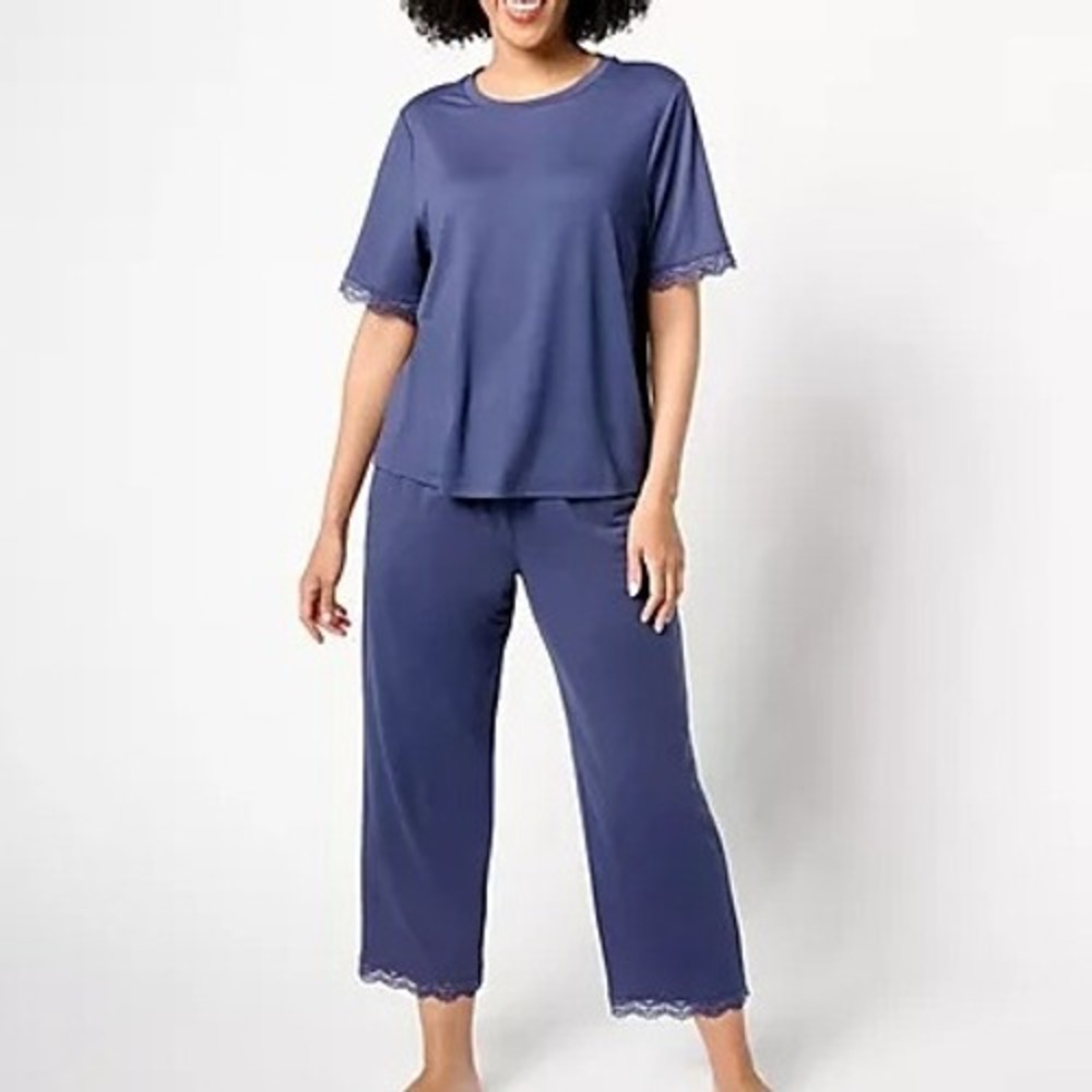 Berkshire Homewear‎ Womens XL Navy Blue Silky Smooth & Lace Capri Pajama Set